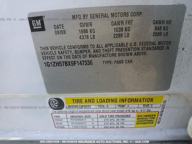 1G1ZH57BX9F147336 - 2009 CHEVROLET MALIBU 1LT 白色 照片 9