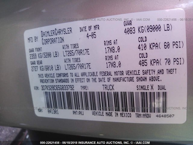 3D7KS28C65G833792 - 2005 DODGE RAM 2500 ST/SLT 银色 照片 9