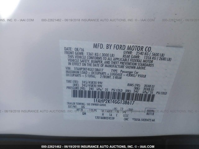 1FAHP2KT4GG138617 - 2016 FORD TAURUS SHO WHITE photo 9