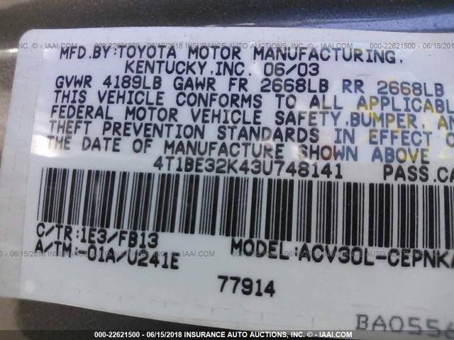 4T1BE32K43U748141 - 2003 TOYOTA CAMRY LE/XLE/SE ნაცრისფერი ფოტო 9