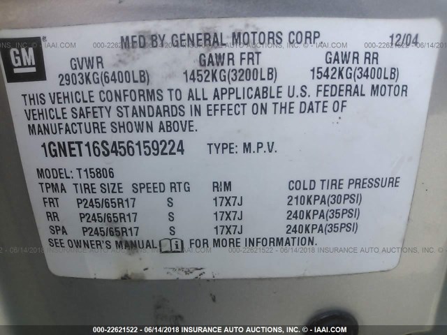 1GNET16S456159224 - 2005 CHEVROLET TRAILBLAZER EXT LS/EXT LT SILVER photo 9