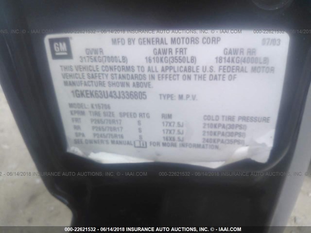 1GKEK63U43J336805 - 2003 GMC YUKON DENALI GRAY photo 9