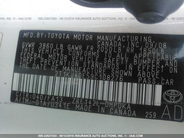 2T1KU40E59C108276 - 2009 TOYOTA COROLLA MATRIX  WHITE photo 9