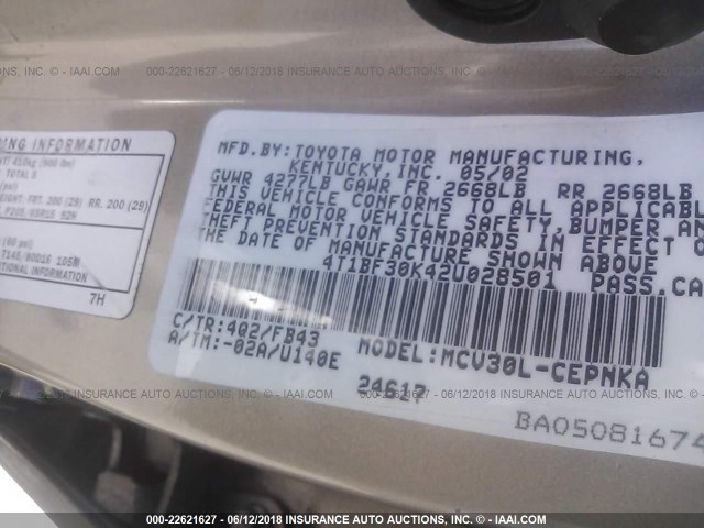 4T1BF30K42U028501 - 2002 TOYOTA CAMRY LE/XLE/SE ოქროსფერი ფოტო 9