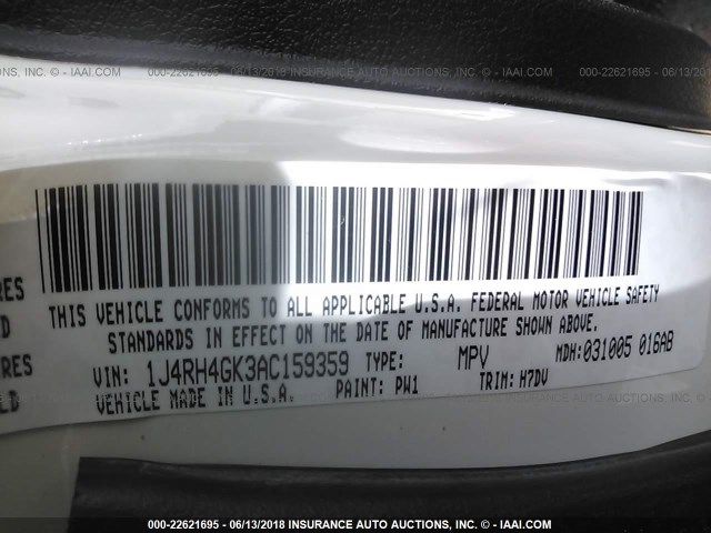 1J4RH4GK3AC159359 - 2010 JEEP COMMANDER SPORT Weiß Foto 9