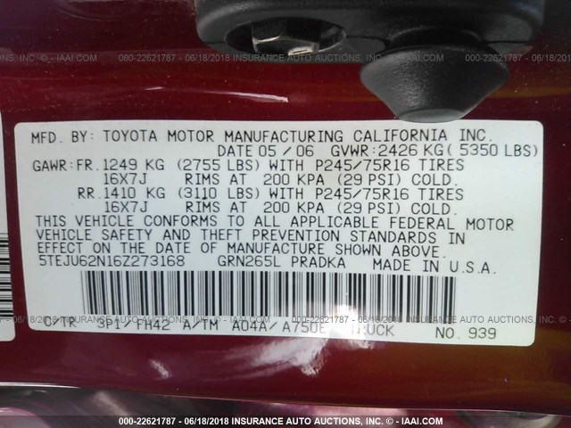 5TEJU62N16Z273168 - 2006 TOYOTA TACOMA DOUBLE CAB PRERUNNER RED photo 9
