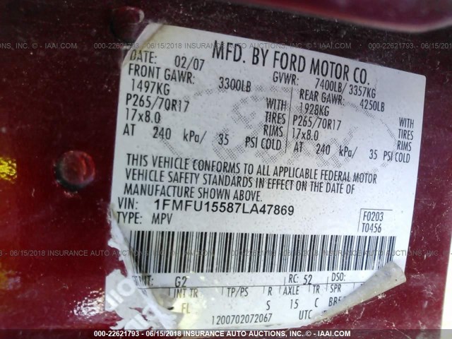 1FMFU15587LA47869 - 2007 FORD EXPEDITION XLT RED photo 9