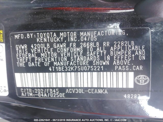 4T1BE32K75U075221 - 2005 TOYOTA CAMRY LE/XLE/SE 黑色 照片 9