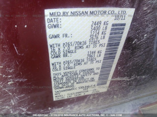 5N1AN0NW0CC503674 - 2012 NISSAN XTERRA OFF ROAD/S/SE RED photo 9