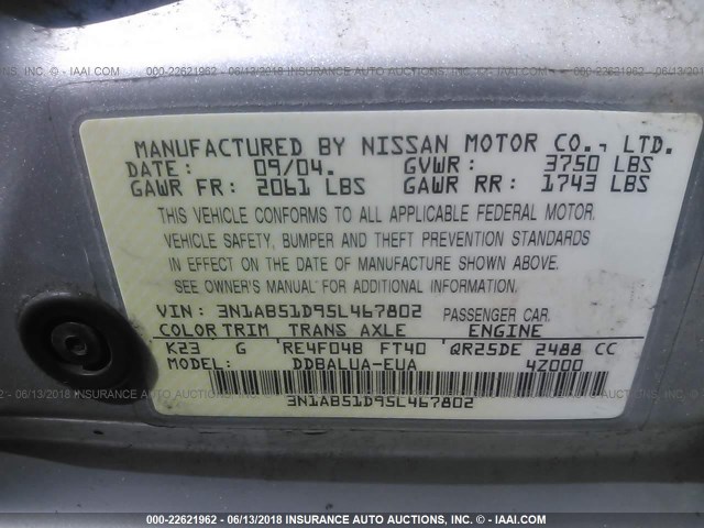 3N1AB51D95L467802 - 2005 NISSAN SENTRA SE-R SPEC V SILVER photo 9