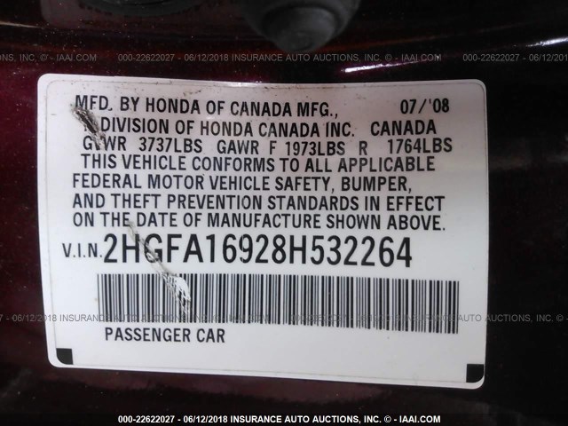 2HGFA16928H532264 - 2008 HONDA CIVIC EXL იასამნისფერი ფოტო 9