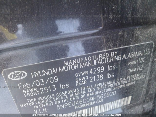 5NPEU46C09H565920 - 2009 HYUNDAI SONATA SE/LIMITED GRAY photo 9