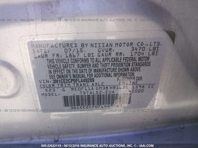 3N1CE2CP0FL449289 - 2015 NISSAN VERSA NOTE S/S PLUS/SV/SL/SR SILVER photo 9