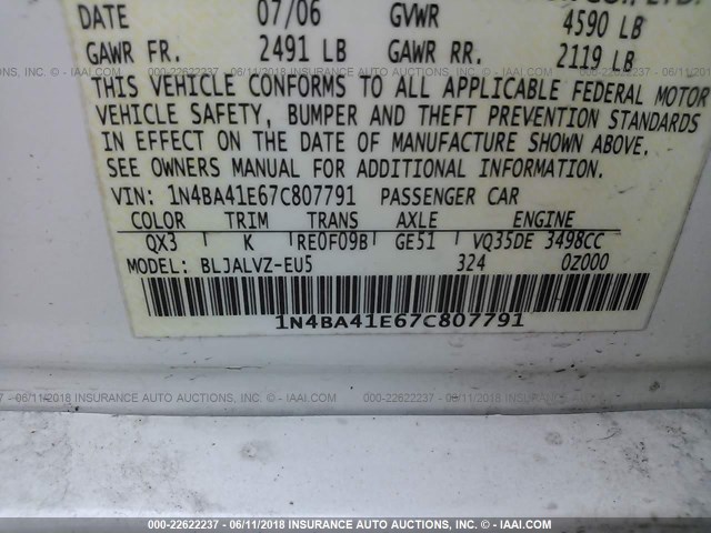 1N4BA41E67C807791 - 2007 NISSAN MAXIMA SE/SL WHITE photo 9