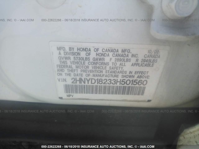 2HNYD18233H501560 - 2003 ACURA MDX WHITE photo 9