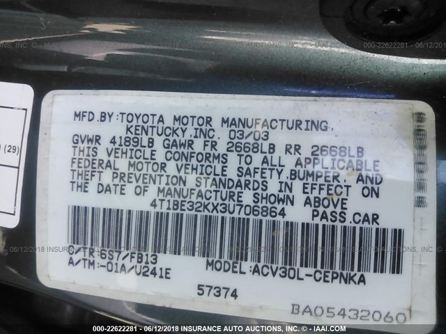 4T1BE32KX3U706864 - 2003 TOYOTA CAMRY LE/XLE/SE მწვანე ფოტო 9