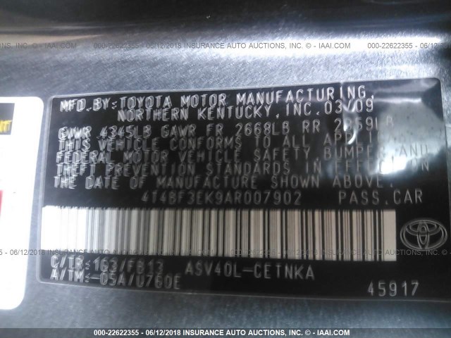 4T4BF3EK9AR007902 - 2010 TOYOTA CAMRY SE/LE/XLE ნაცრისფერი ფოტო 9