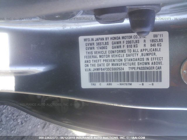 JHMFB4F33CS002524 - 2012 HONDA CIVIC HYBRID L GRAY photo 9