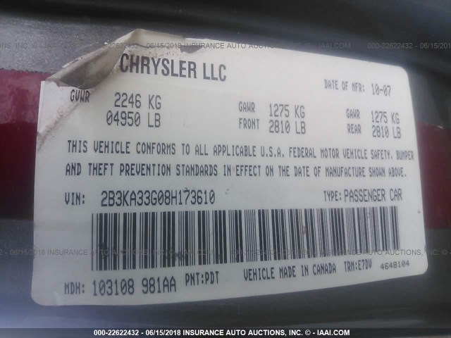 2B3KA33G08H173610 - 2008 DODGE CHARGER SXT GRAY photo 9