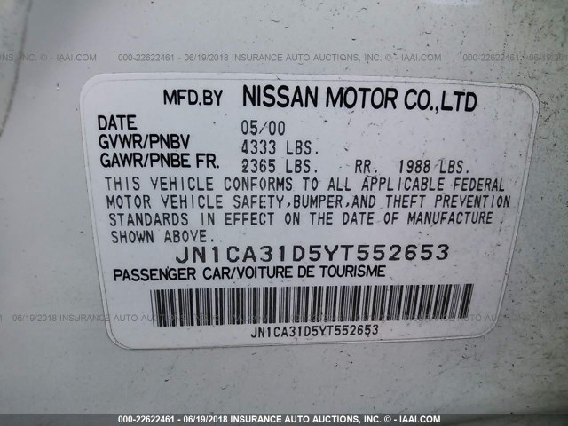 JN1CA31D5YT552653 - 2000 NISSAN MAXIMA GLE/GXE/SE WHITE photo 9