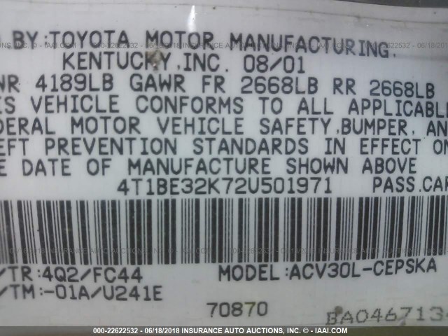 4T1BE32K72U501971 - 2002 TOYOTA CAMRY LE/XLE/SE Qızıl foto 9