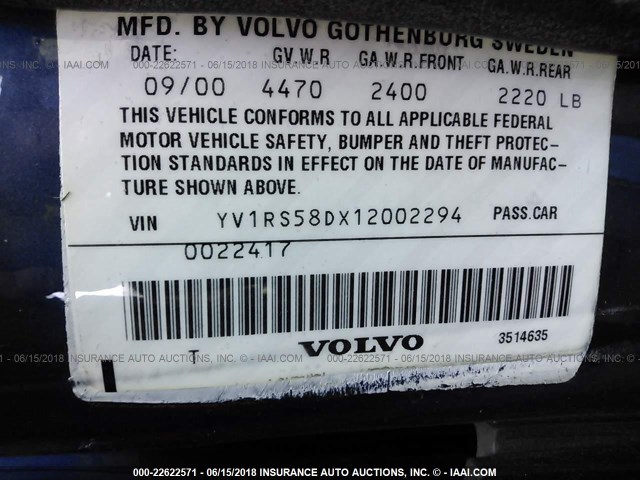 YV1RS58DX12002294 - 2001 VOLVO S60 2.4T BLUE photo 9