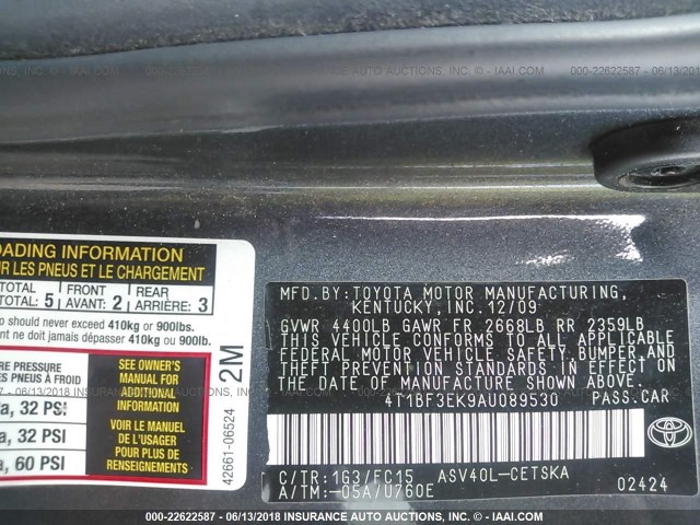 4T1BF3EK9AU089530 - 2010 TOYOTA CAMRY SE/LE/XLE 灰色 照片 9