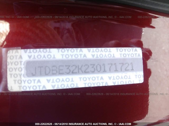 JTDBE32K230171721 - 2003 TOYOTA CAMRY LE/XLE Կարմիր լուսանկար 9