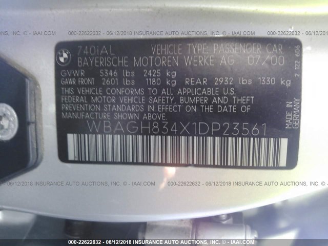 WBAGH834X1DP23561 - 2001 BMW 740 IL SILVER photo 9