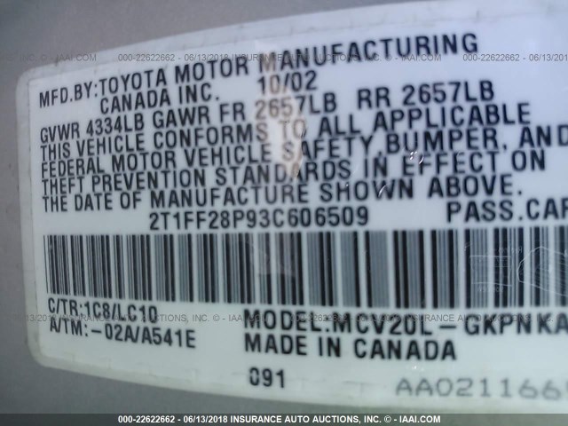 2T1FF28P93C606509 - 2003 TOYOTA CAMRY SOLARA SE/SLE Boz foto 9