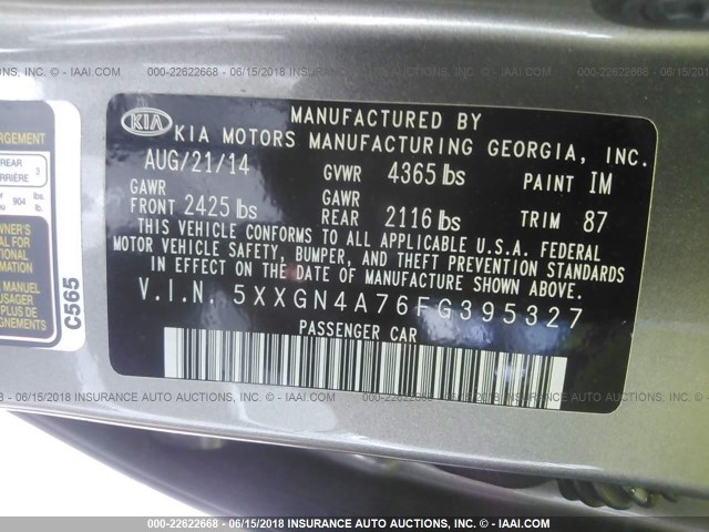 5XXGN4A76FG395327 - 2015 KIA OPTIMA EX Gris foto 9