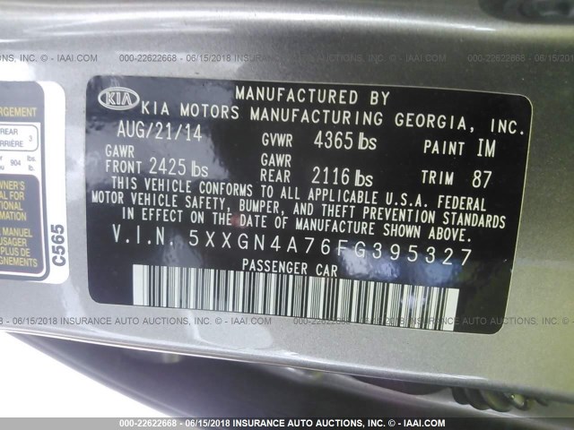 5XXGN4A76FG395327 - 2015 KIA OPTIMA EX GRAY photo 9