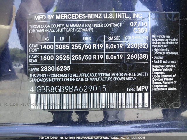 4JGBB8GB9BA629015 - 2011 MERCEDES-BENZ ML 350 4MATIC Dark Blue photo 9