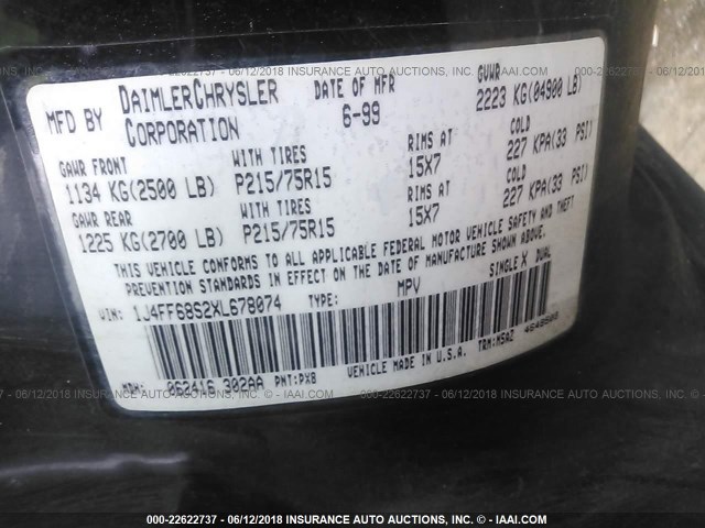 1J4FF68S2XL678074 - 1999 JEEP CHEROKEE SPORT/CLASSIC შავი ფოტო 9