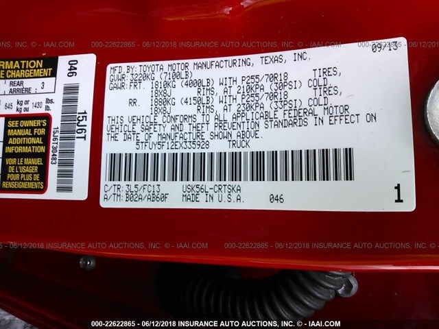 5TFUY5F12EX335928 - 2014 TOYOTA TUNDRA DOUBLE CAB SR/SR5 RED photo 9