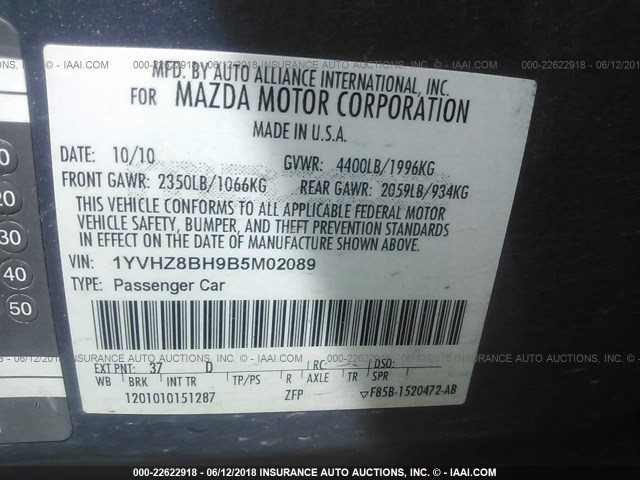 1YVHZ8BH9B5M02089 - 2011 MAZDA 6 I GRAY photo 9