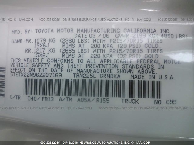 5TETX22N96Z237169 - 2006 TOYOTA TACOMA ACCESS CAB Ақ фото 9