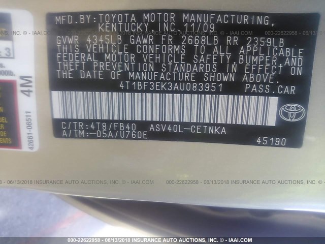 4T1BF3EK3AU083951 - 2010 TOYOTA CAMRY SE/LE/XLE 金色 照片 9