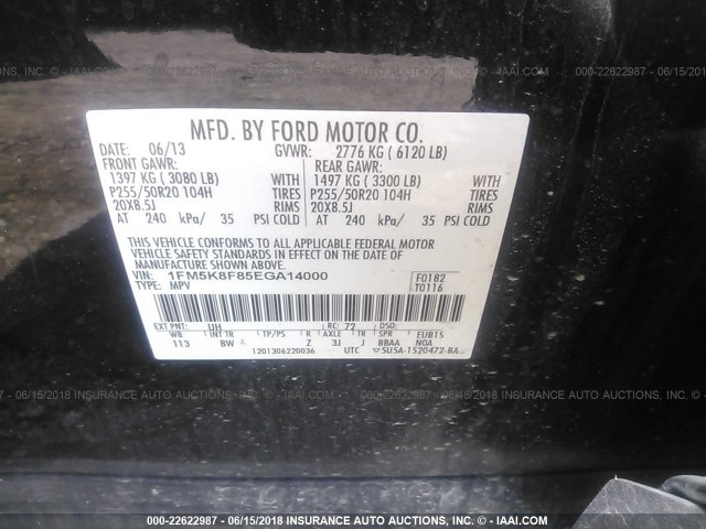 1FM5K8F85EGA14000 - 2014 FORD EXPLORER LIMITED BLACK photo 9