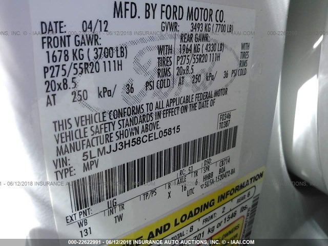 5LMJJ3H58CEL05815 - 2012 LINCOLN NAVIGATOR L 白色 照片 9