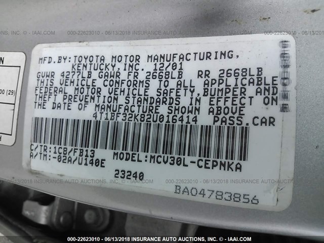 4T1BF32K82U016414 - 2002 TOYOTA CAMRY LE/XLE/SE 银色 照片 9