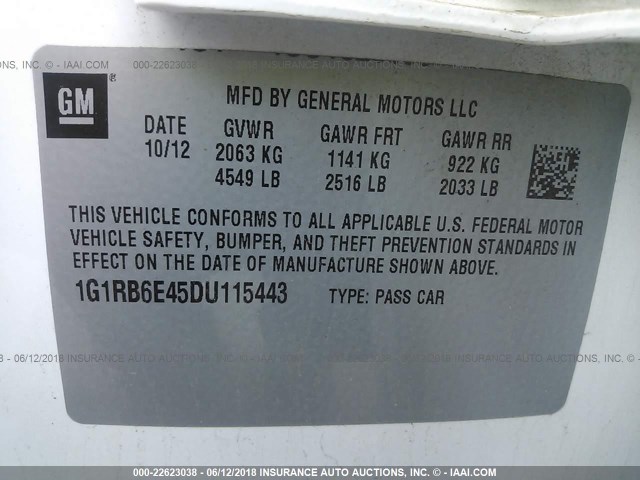 1G1RB6E45DU115443 - 2013 CHEVROLET VOLT WHITE photo 9