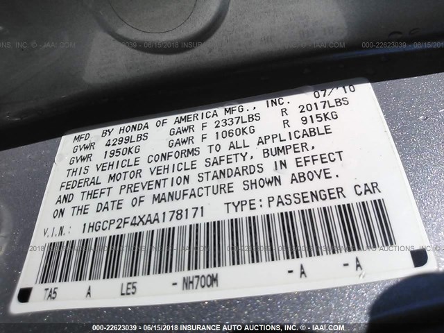 1HGCP2F4XAA178171 - 2010 HONDA ACCORD LXP SILVER photo 9