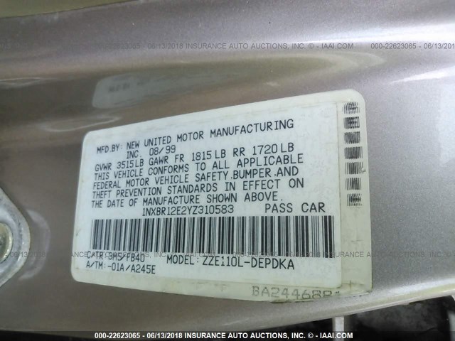 1NXBR12E2YZ310583 - 2000 TOYOTA COROLLA VE/CE/LE 香槟色 照片 9