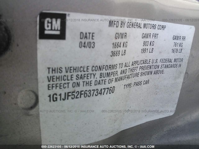 1G1JF52F637347760 - 2003 CHEVROLET CAVALIER LS TAN photo 9