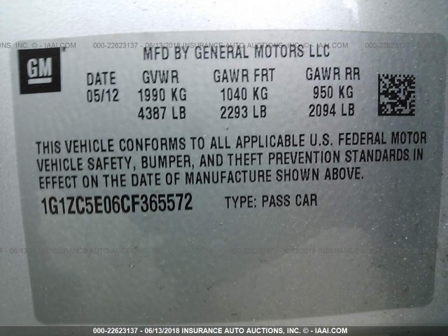 1G1ZC5E06CF365572 - 2012 CHEVROLET MALIBU 1LT GRAY photo 9