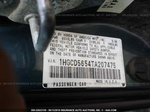 1HGCD5654TA207475 - 1996 HONDA ACCORD EX/EX-R GRAY photo 9