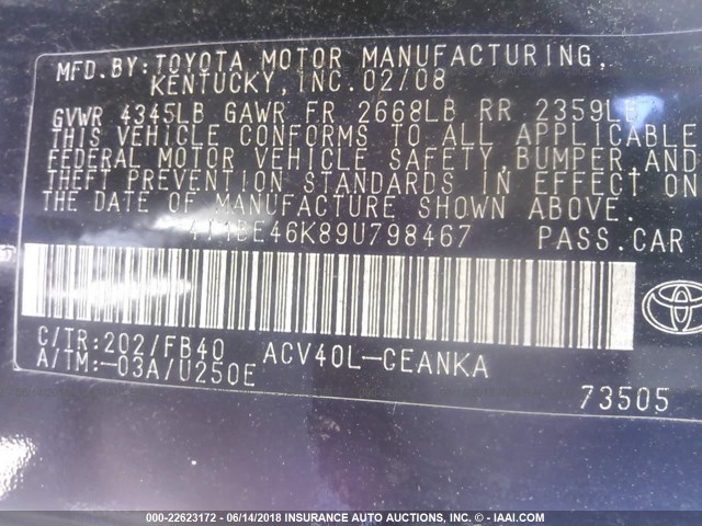 4T1BE46K89U798467 - 2009 TOYOTA CAMRY SE/LE/XLE 黑色 照片 9