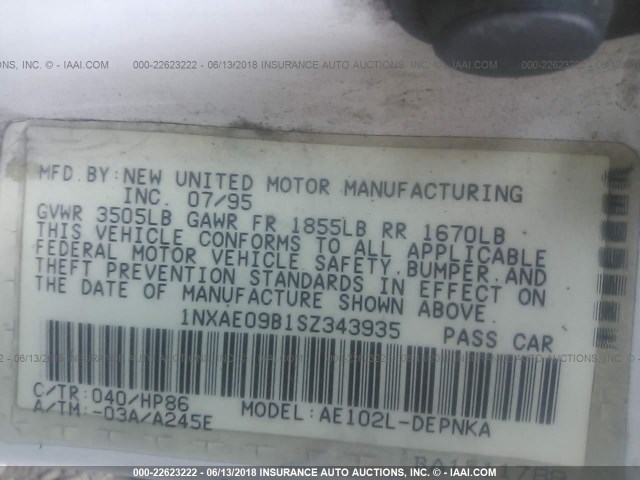 1NXAE09B1SZ343935 - 1995 TOYOTA COROLLA LE/DX WHITE photo 9