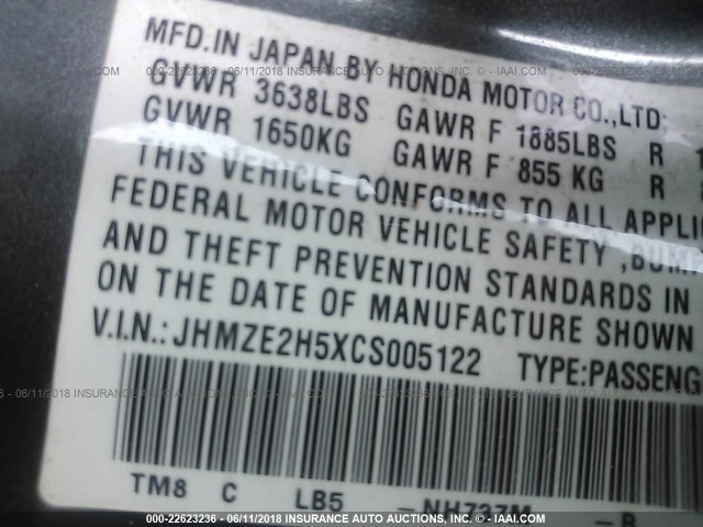 JHMZE2H5XCS005122 - 2012 HONDA INSIGHT LX GRAY photo 9